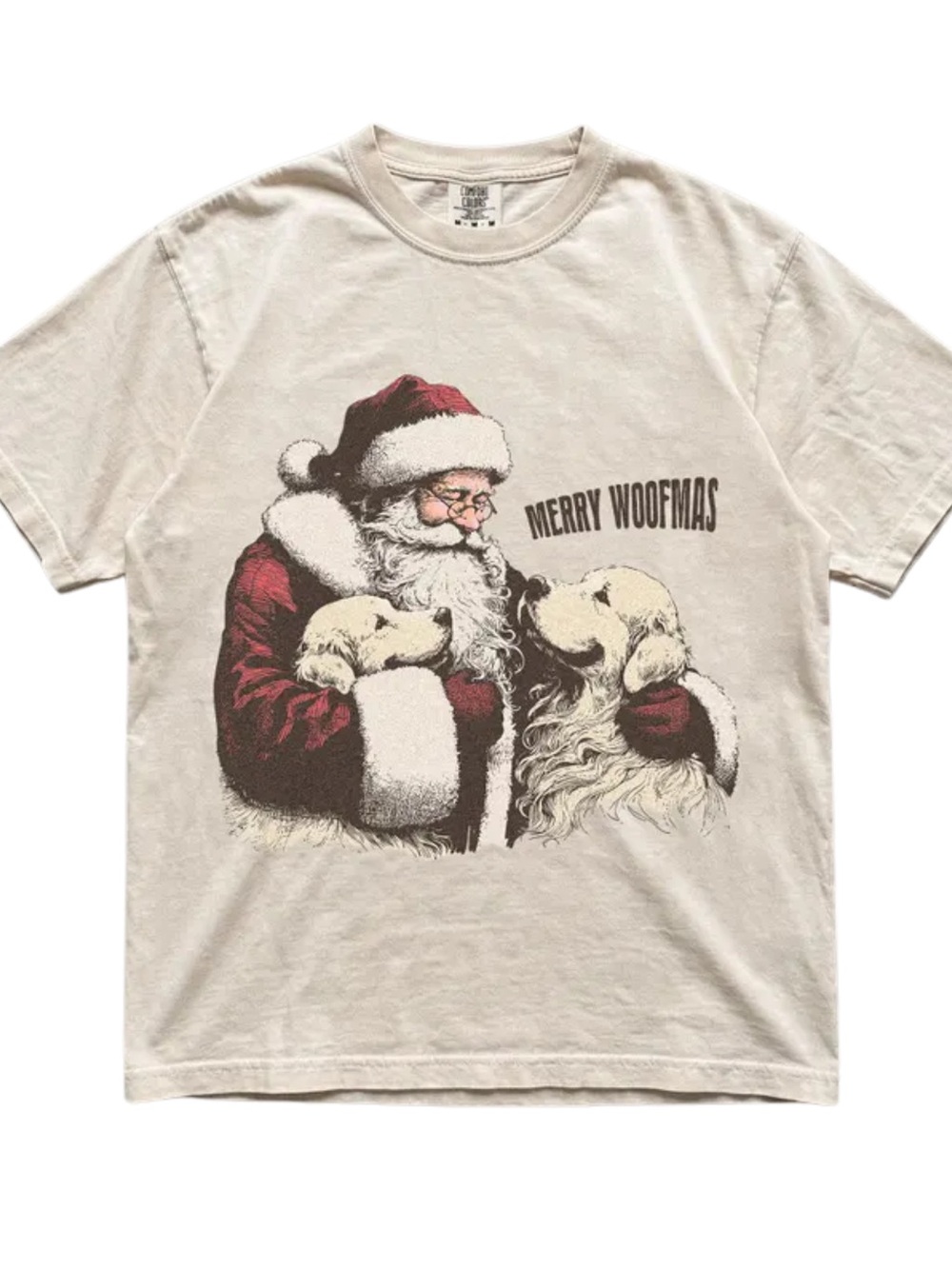 Comfort Colors Ivory 'Merry Woofmas' Santa & Dogs Graphic Tee